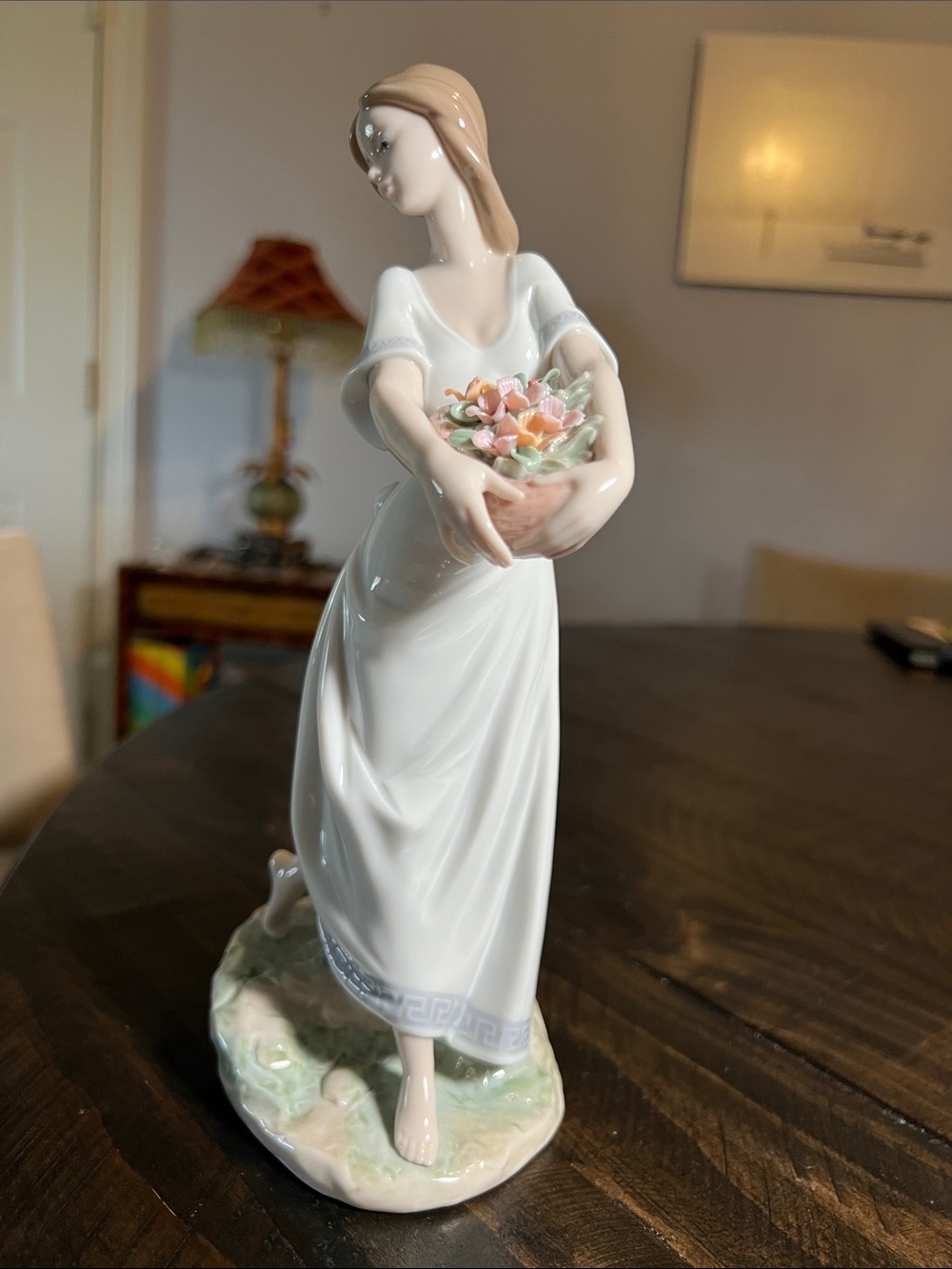 Lladro Porcelain Woman “Garden of Athens”with Pastel Bouquet - Pink, Green.